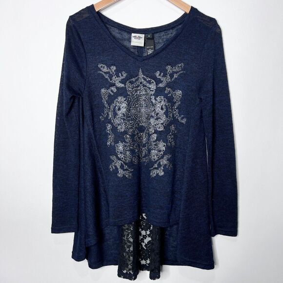 Harley-Davidson Tops - Harley Davidson Long Sleeve Top Lace Flowy Navy Blue Gems Women's M